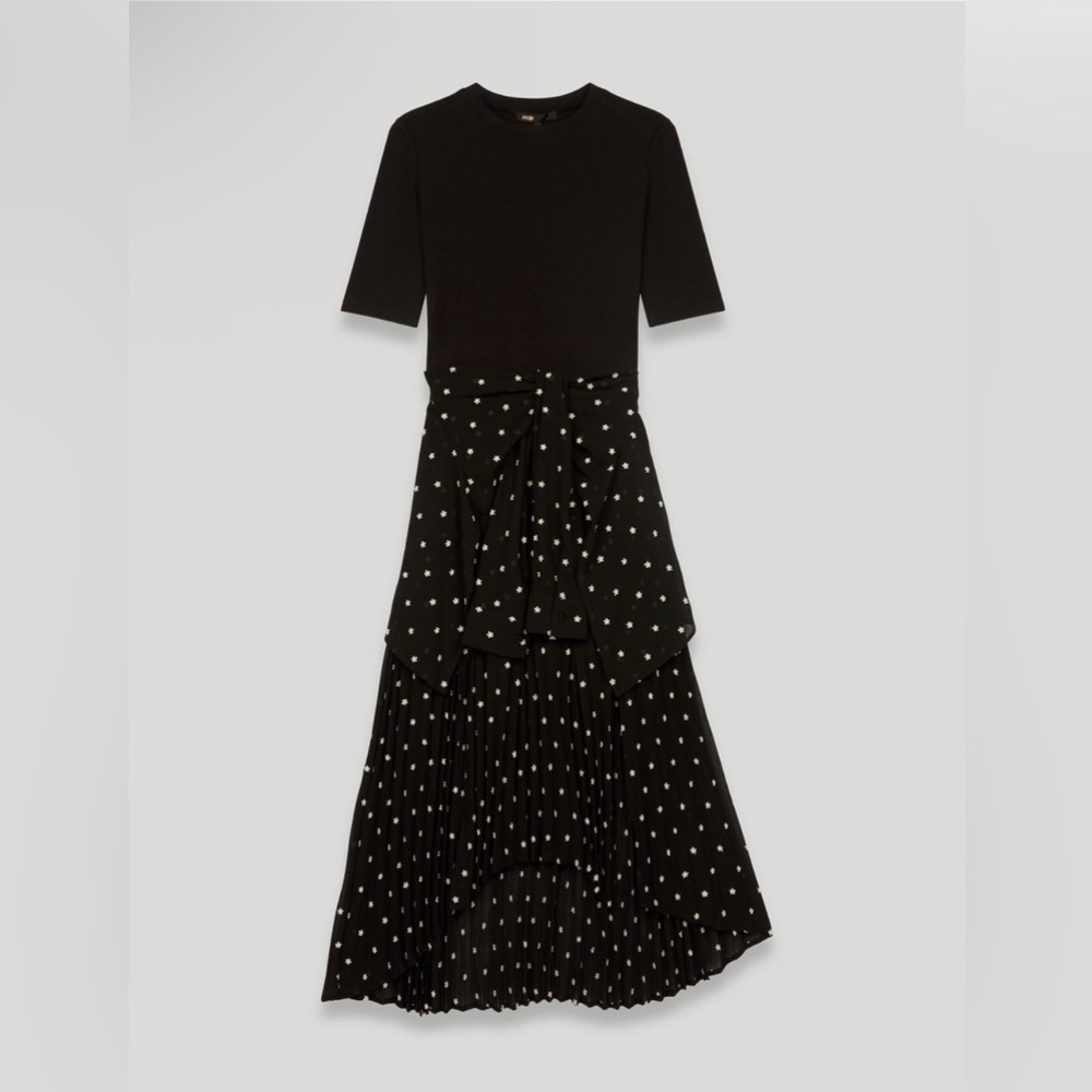 Maje Rivoli Micro-Floral Embroidered Midi Black Dress French Size 38 US Size 6